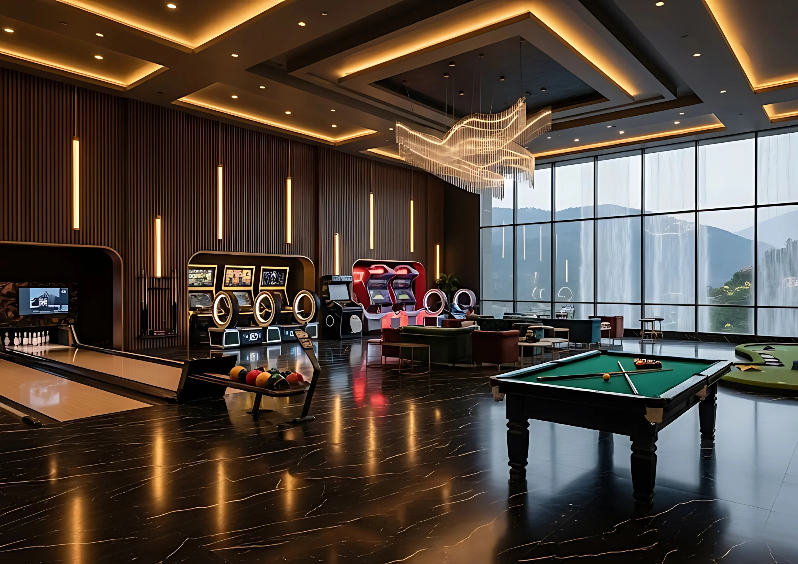 Arcade and games with valley views