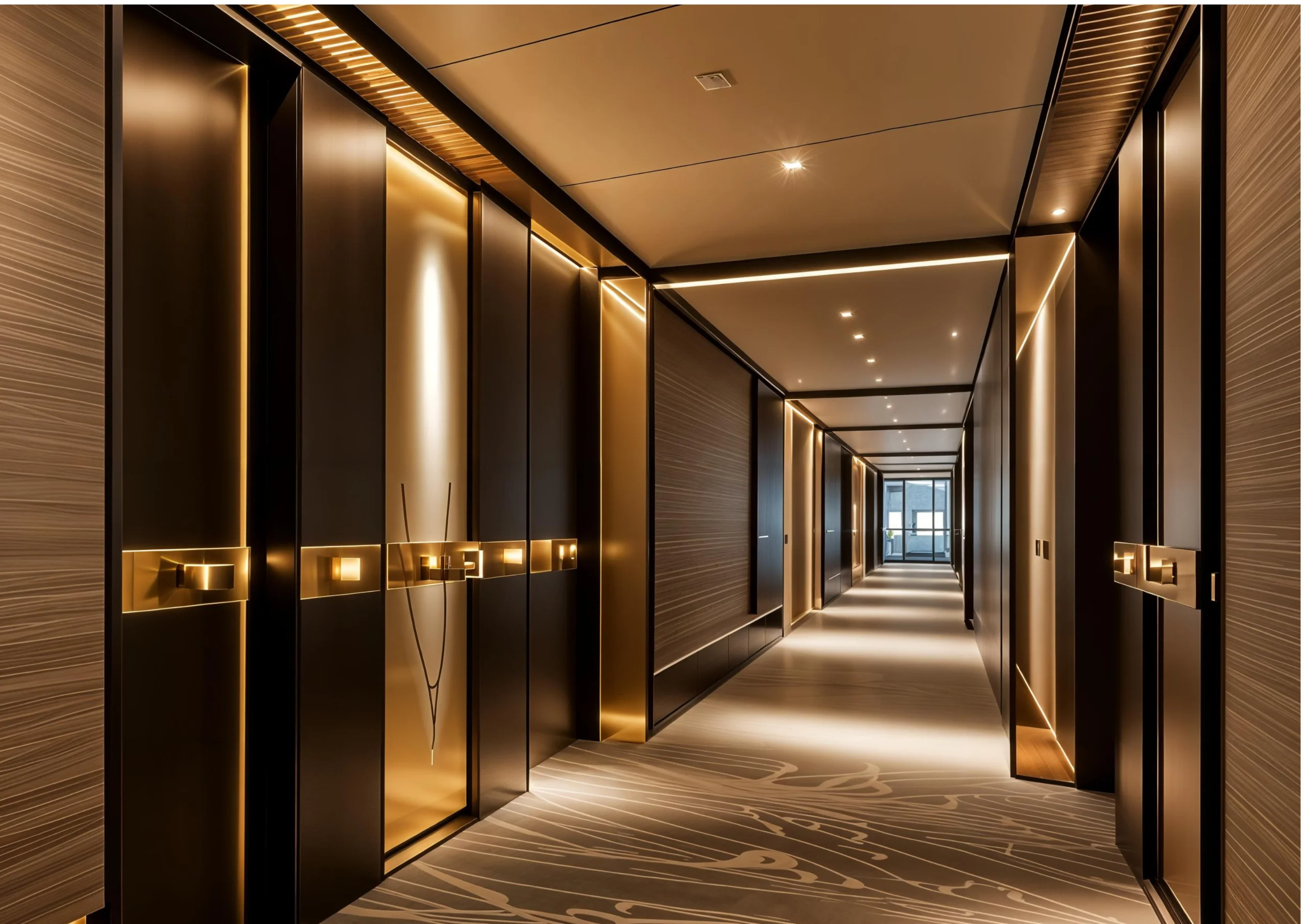 Suite corridor in brass and walnut