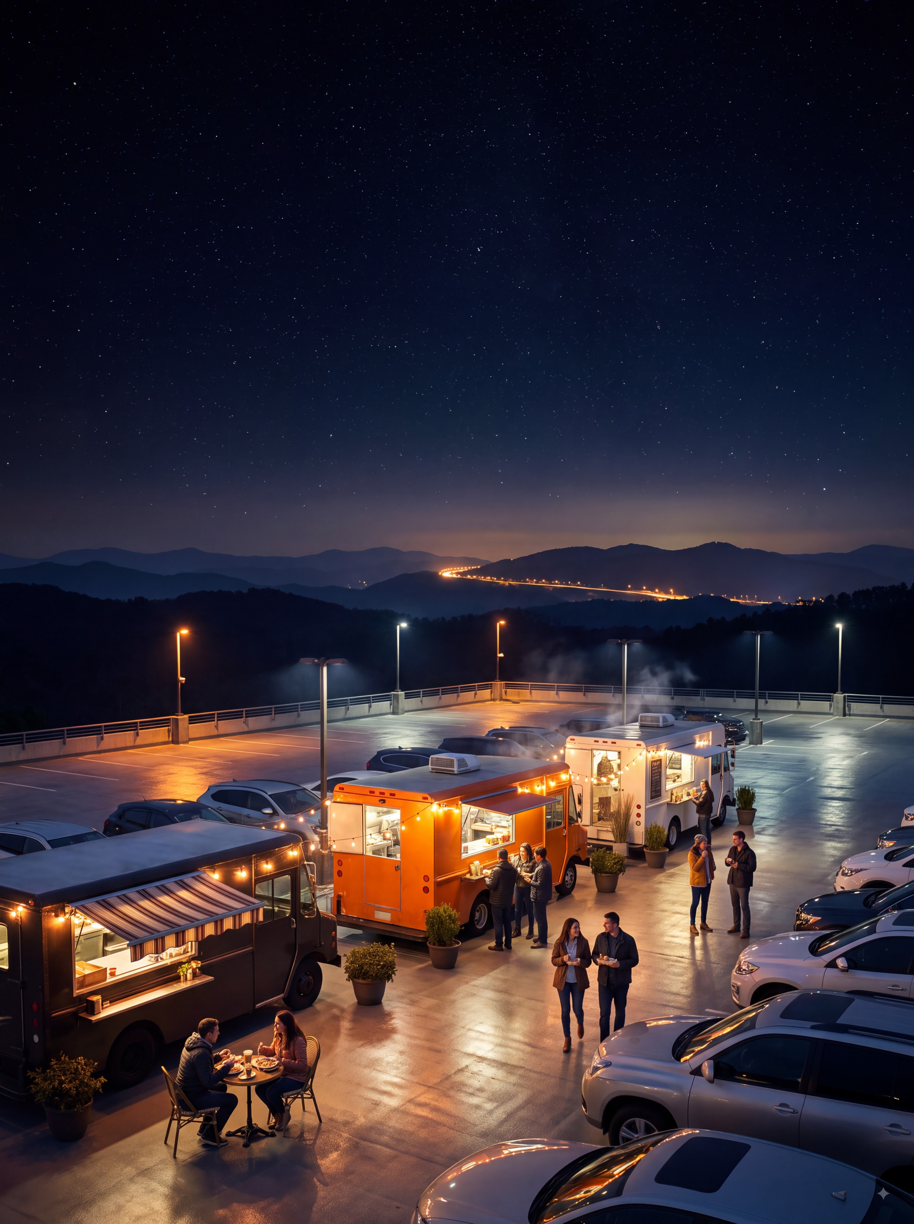 Food trucks and string lights under the stars