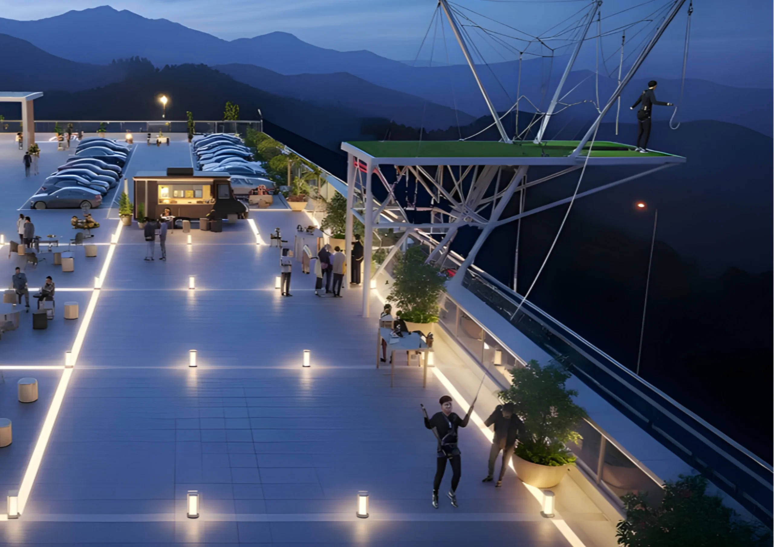 Sunset rooftop deck with sky-walk and food truck