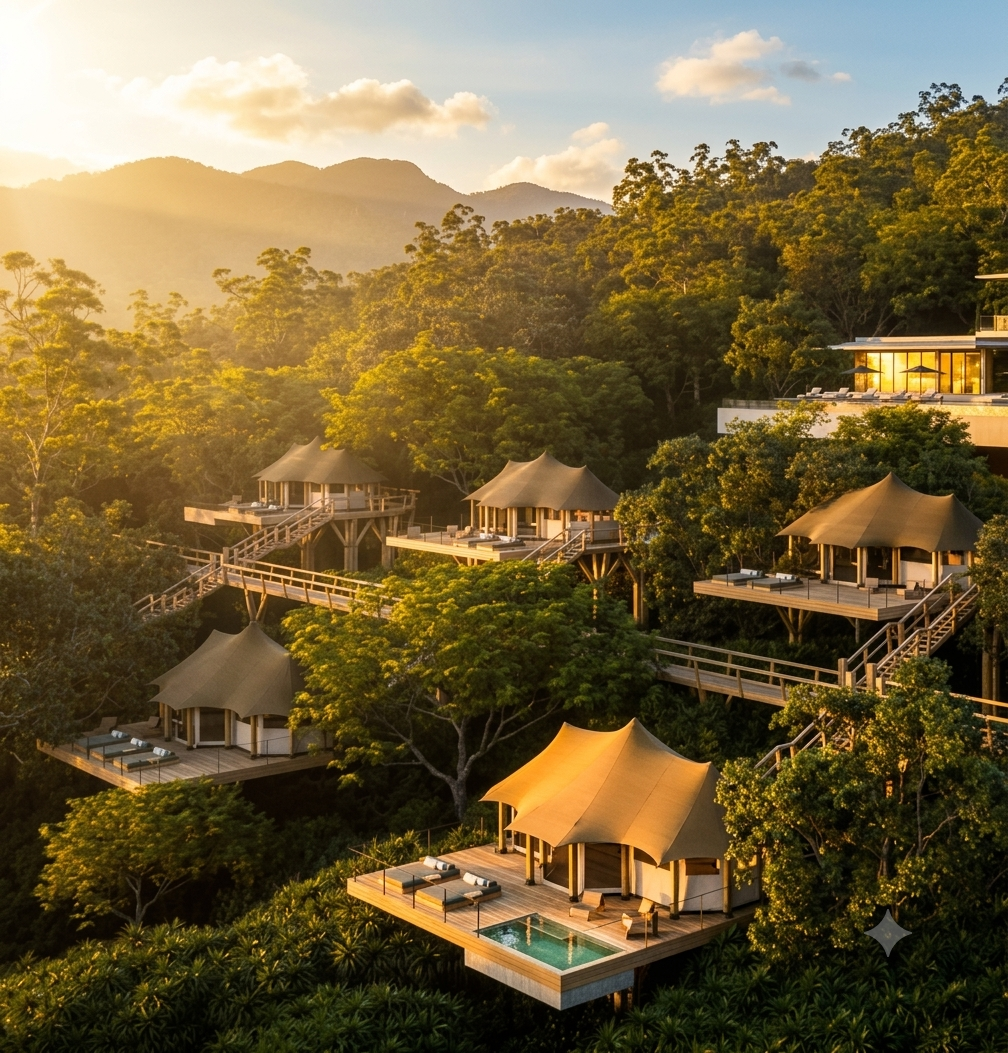 Luxury tented villas at golden hour