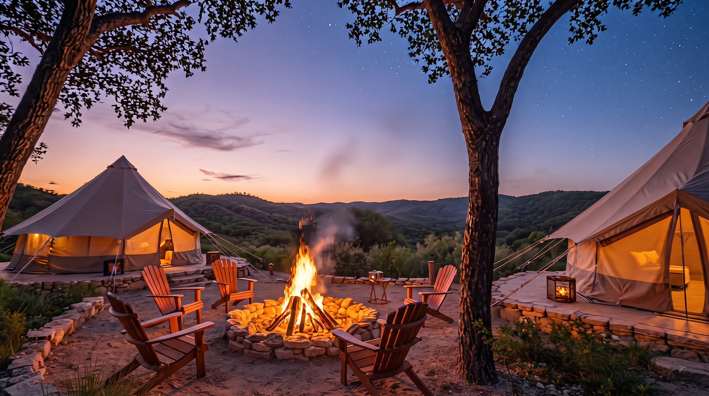 Glamping and bonfire at dusk
