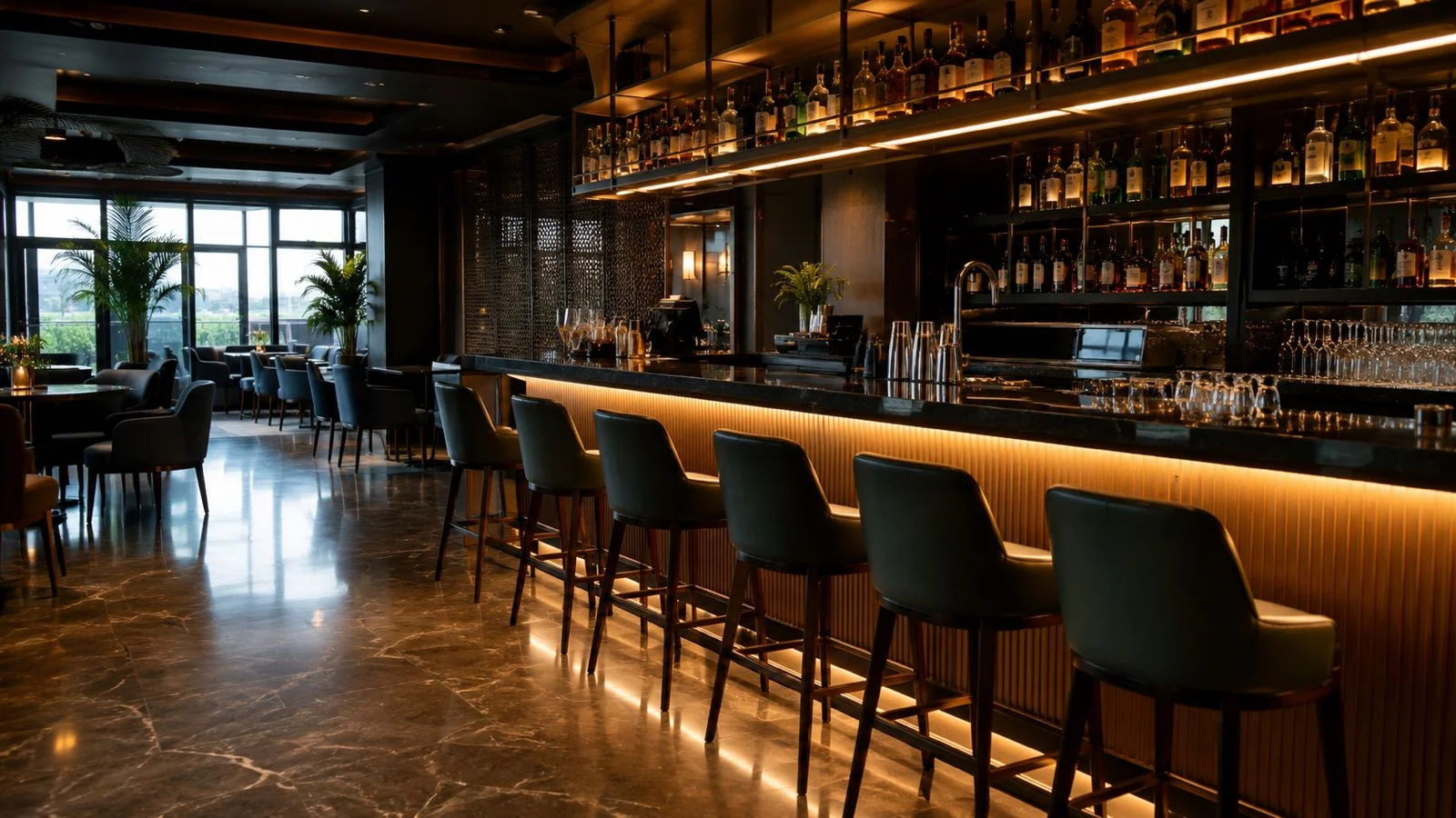 The bar, backlit with a valley view