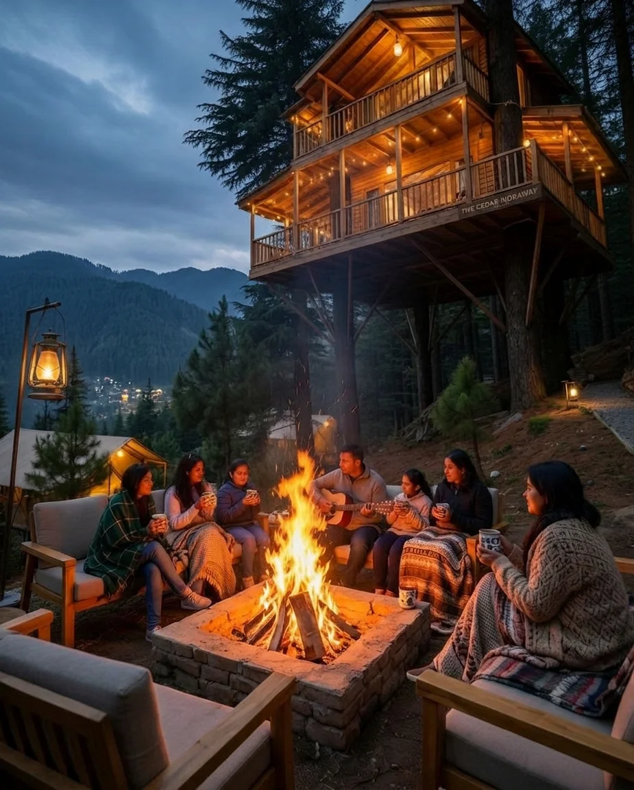 Tree-top cabins and bonfire in the forest