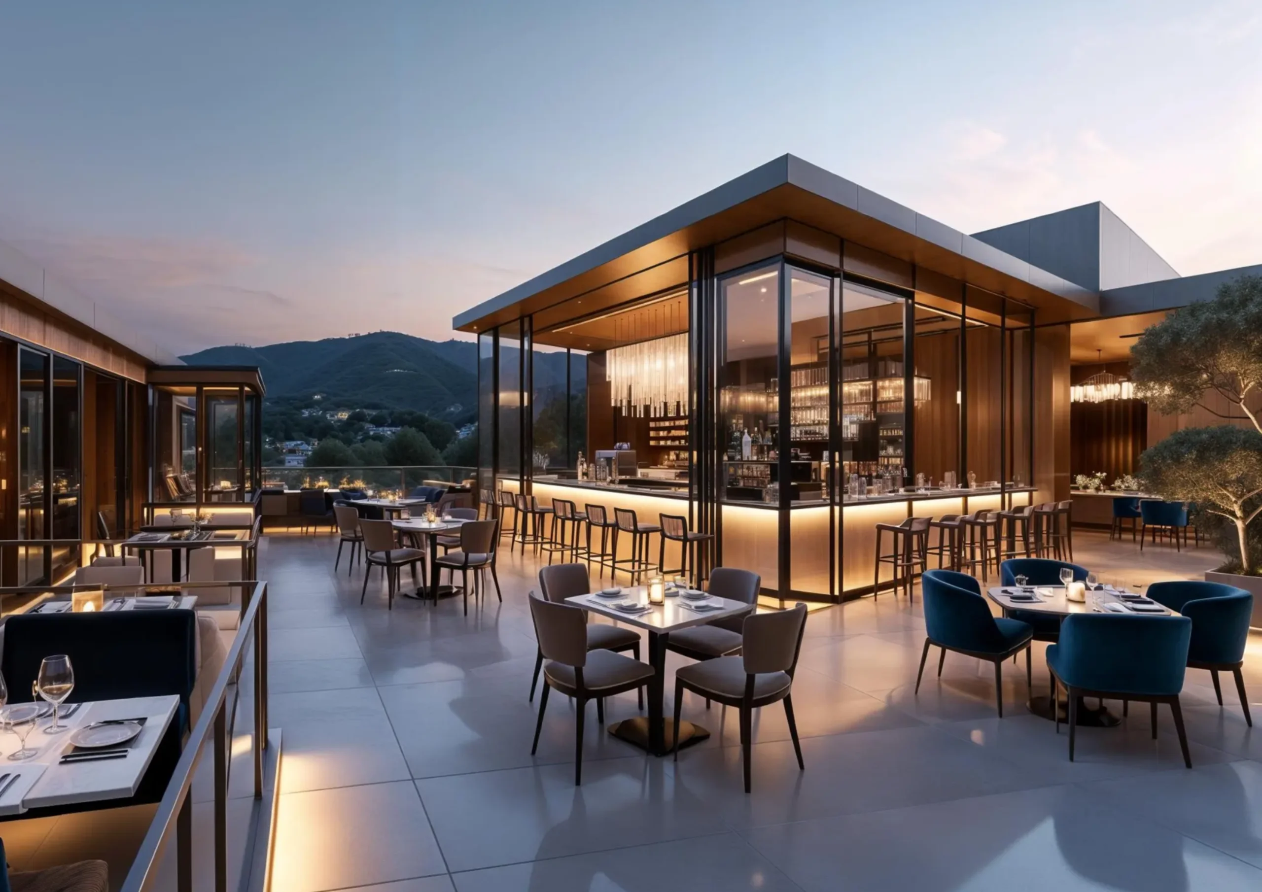 The rooftop bar at sunset
